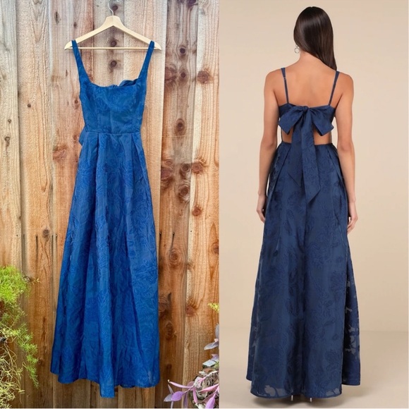 Navy Jacquard Tie-Back Full-Skirt Maxi Dress with Pockets 🌿 - Picture 3 of 12